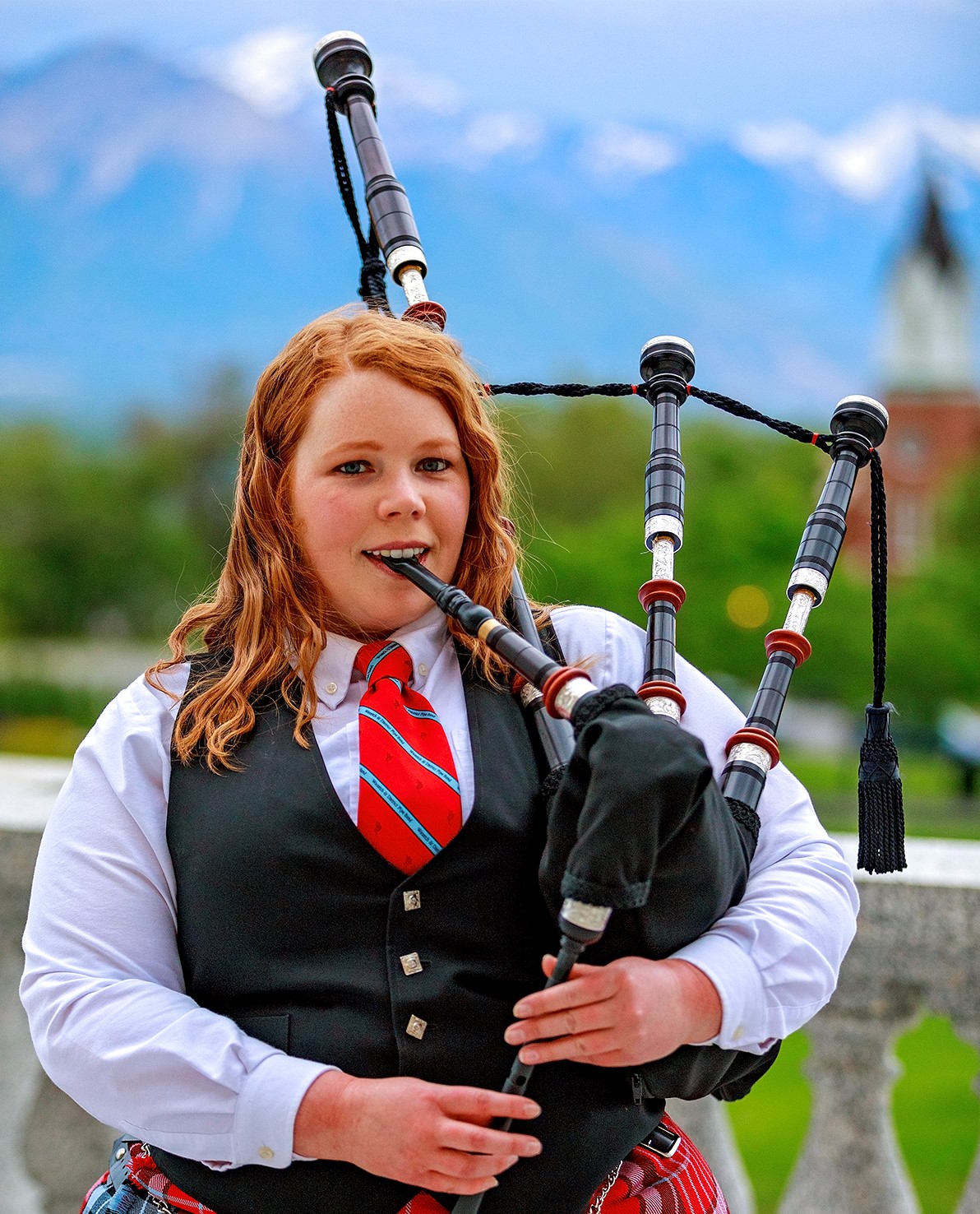 Bagpiper posing at the Utah State Capitol in Salt Lake City